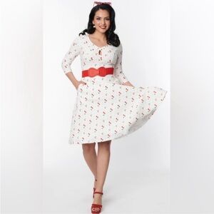 Unique Vintage White & Cherry Print Pin Dot Keyhole Neck Swing DressNWT XL 14